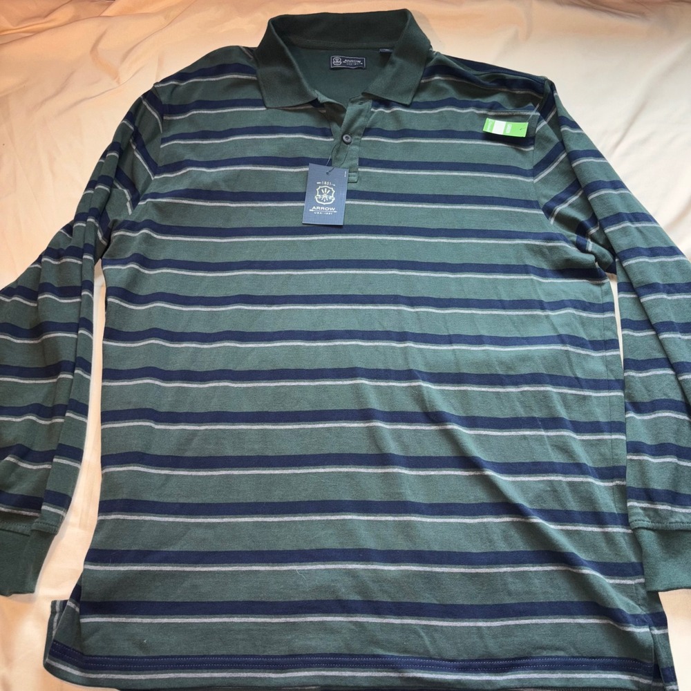 Arrow Mens Long Sleeve Striped Polo Shirt Green Navy Blue XL NWT